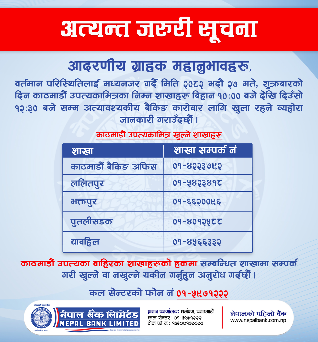Branches to be opened on 2082-05-27, Friday
