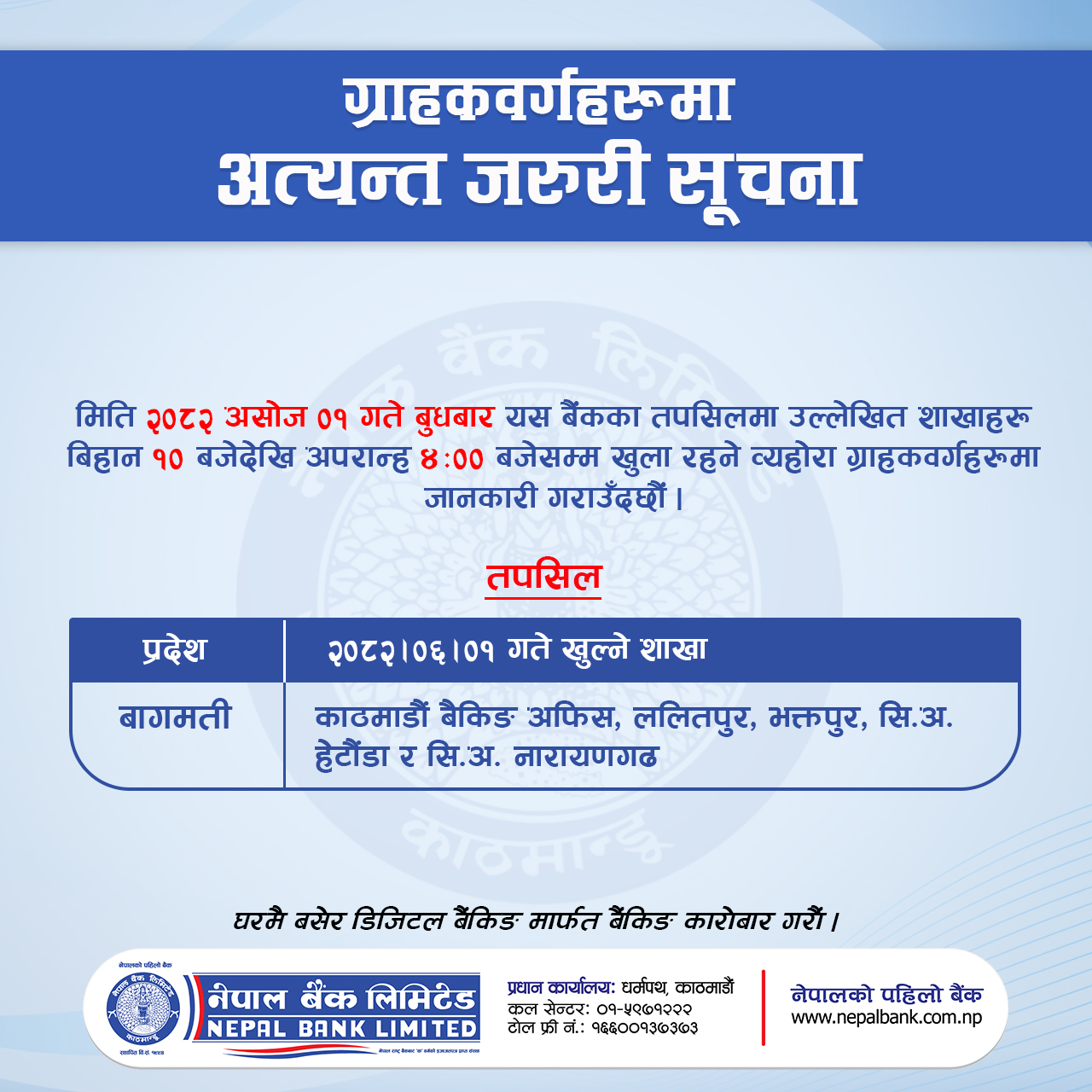 Branches to be opened on 2082.06.01