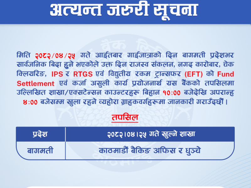 Branches of Bagmati Province to be opened in public holiday (Gaijatra)